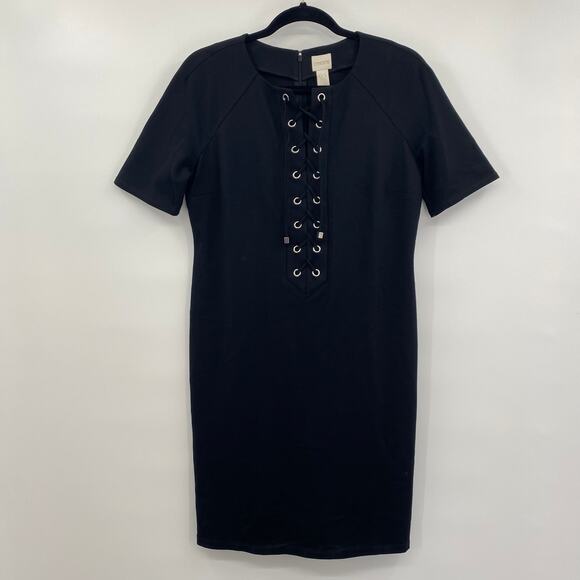 Chicos Dress Black Dress Lace Up Front Zip Up Back Midi Short Sleeve Womens 6 - Picture 2 of 10